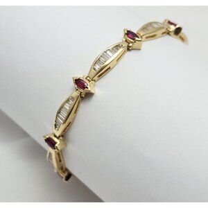 Unique 14K Solid Yellow Gold Designer Ruby & Diamond Tennis Link Bracelet 7" L